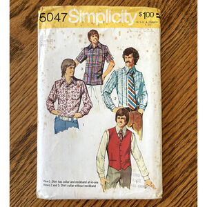 UNCUT Vintage 1970s Simplicity 5047 Sewing Pattern Chest 40 Mens Vest & Shirts